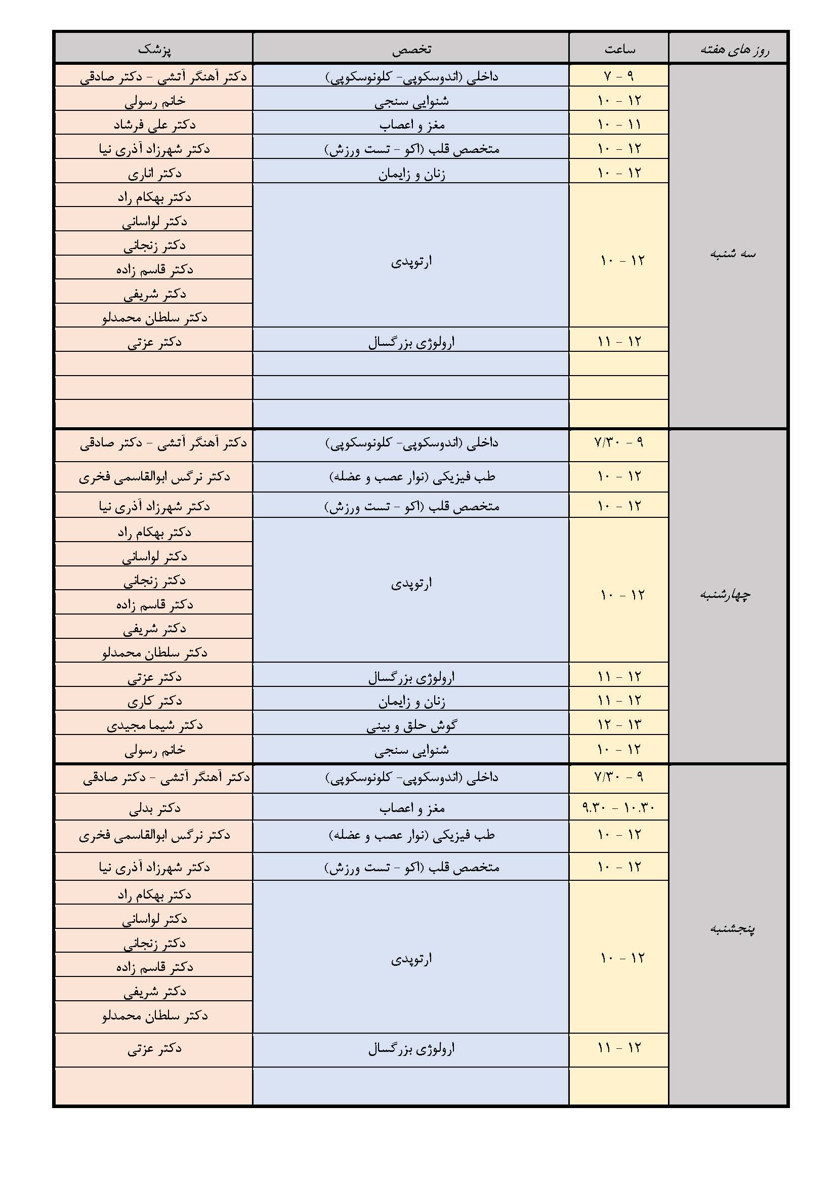 برنامه های درمانگاه بیمارستان تخصصی و فوق تخصصی شهریار تبریز